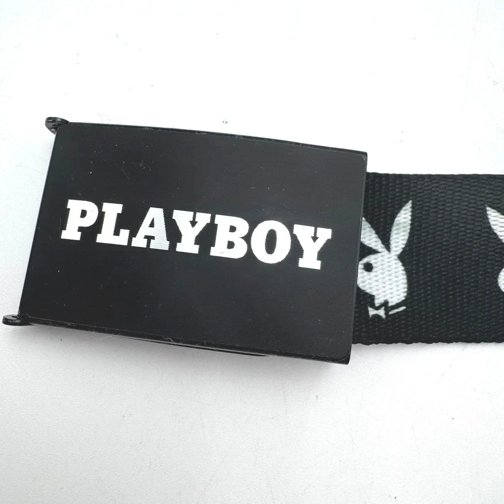 PLAYBOY‎ Men's Black Web Belt Bunny Logo Canvas Adjustable Flip Top Buckle 53